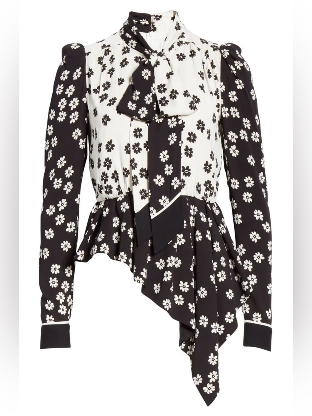 #01 • Self-Portrait Black and White Floral Tie-Neck Asymmetric Blouse 8 M